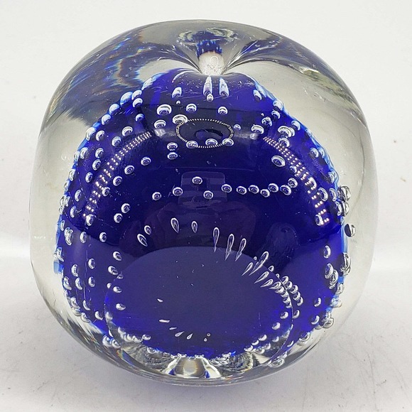 Blue Pinched Sides Studio art Glass Paperweight controlled Bubbles Smooth pontil - Picture 3 of 3